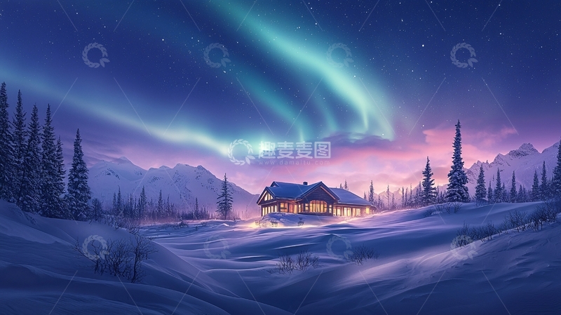 高清大图下载【趣麦麦图】极光下的雪中小屋