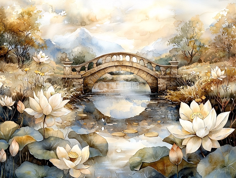 高清大图下载【趣麦麦图】金色调莲花桥绘画