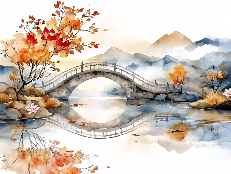 高清大图下载【趣麦麦图】水墨风山水桥梁秋色