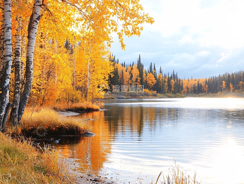 高清大图下载【趣麦麦图】秋日湖畔金黄树木倒影