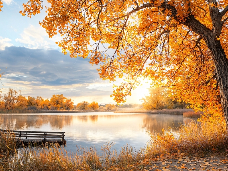 高清大图下载【趣麦麦图】秋日湖畔金色树木倒影