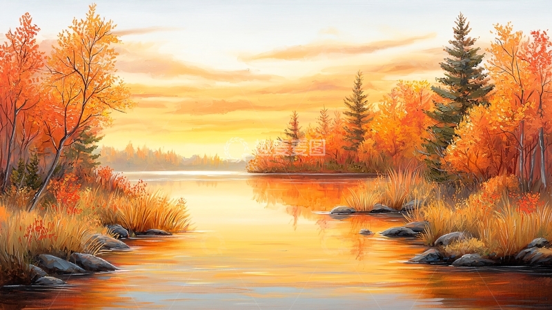 高清大图下载【趣麦麦图】金色秋季湖面平静