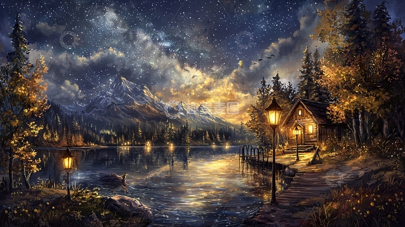 高清大图下载【趣麦麦图】夜色湖边小屋灯光点点