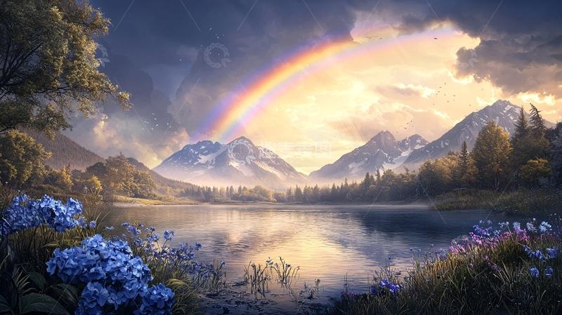 高清大图下载【趣麦麦图】湖面倒映彩虹山脉的唯美风景