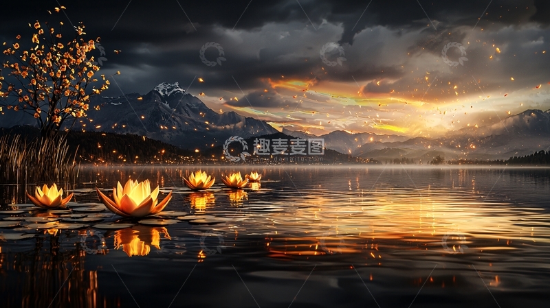 高清大图下载【趣麦麦图】夜间湖面莲花灯光倒影