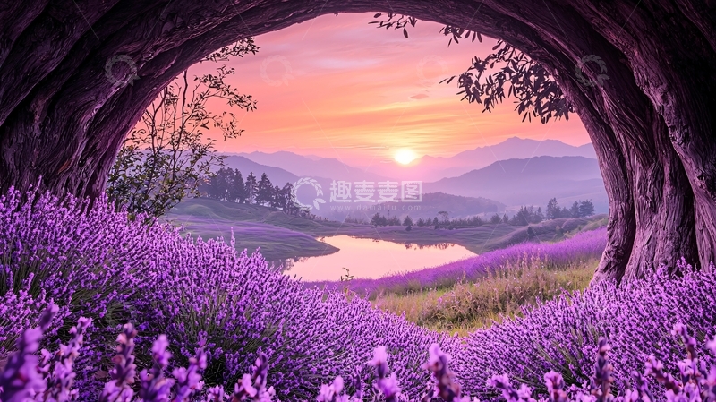 高清大图下载【趣麦麦图】薰衣草田日落下的紫色山水