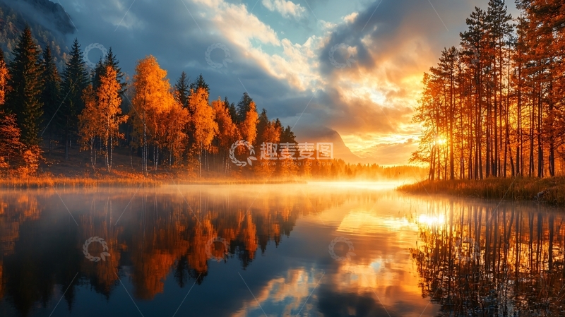 高清大图下载【趣麦麦图】金色阳光下的湖面森林