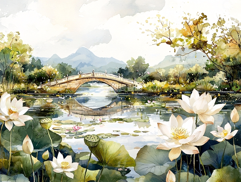 高清大图下载【趣麦麦图】莲花池塘山水画