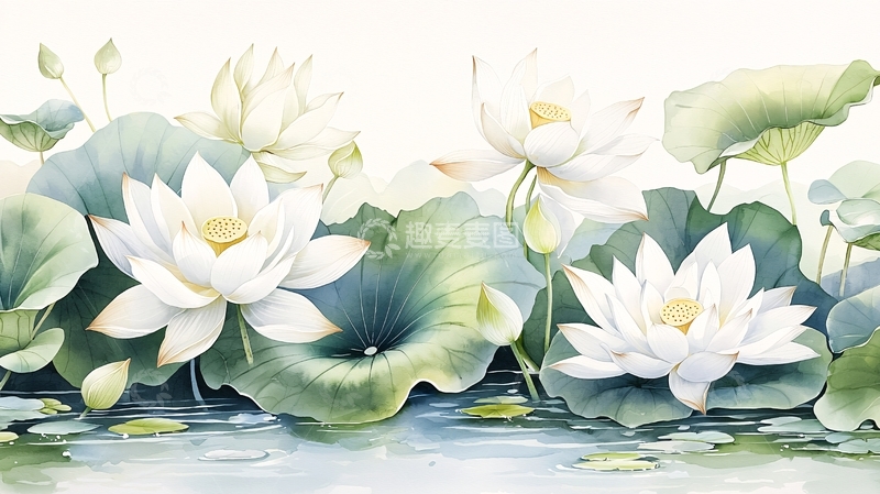高清大图下载【趣麦麦图】白色莲花水墨画风格