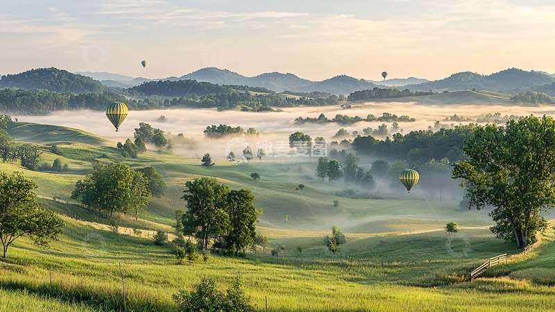 高清大图下载【趣麦麦图】清晨山谷热气球