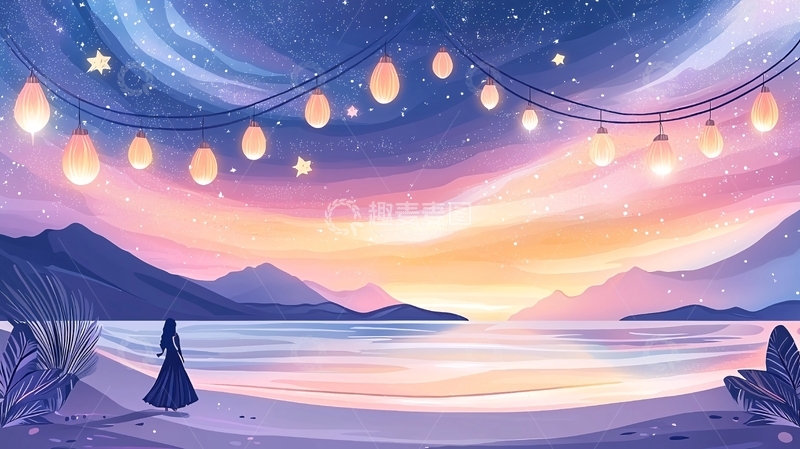 高清大图下载【趣麦麦图】宁静的湖边星空灯光夜景