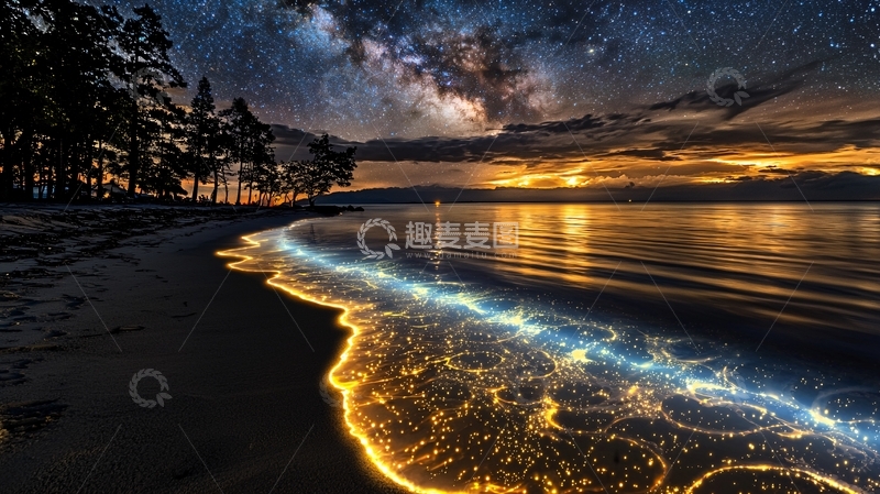 高清大图下载【趣麦麦图】星空下的金色海滩夜景