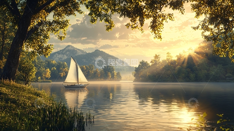 高清大图下载【趣麦麦图】阳光下的湖面帆船