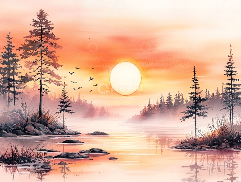 高清大图下载【趣麦麦图】宁静的湖面日落景色