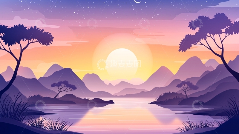 高清大图下载【趣麦麦图】日落时分山水间的宁静剪影