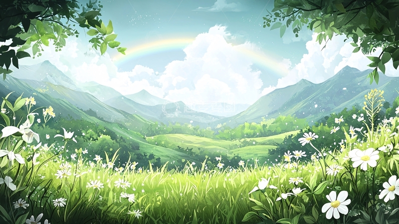 高清大图下载【趣麦麦图】绿色山谷中的彩虹