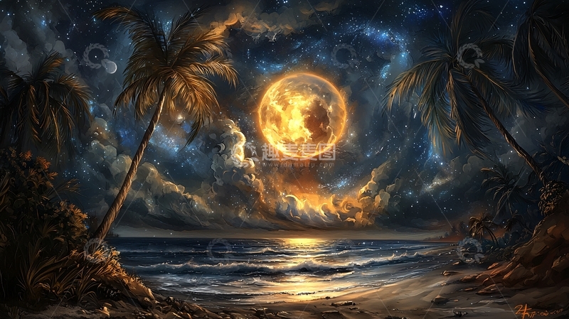 高清大图下载【趣麦麦图】海边月夜椰树梦幻场景