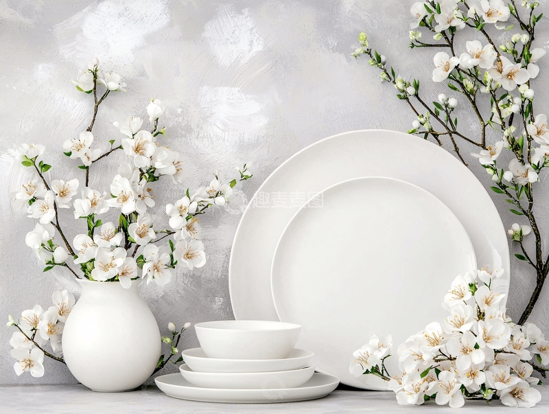 高清大图下载【趣麦麦图】白色餐具与花卉的静物特写