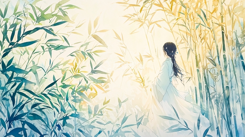 高清大图下载【趣麦麦图】竹林中白衣女子背影