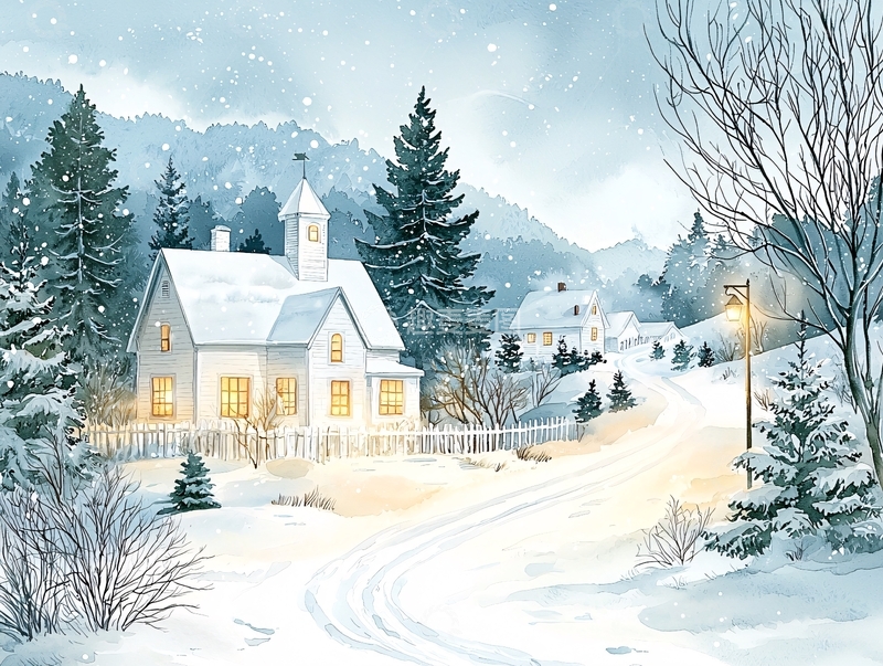 高清大图下载【趣麦麦图】雪景中的白色小镇