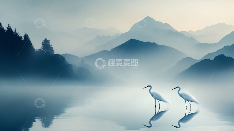 高清大图下载【趣麦麦图】水墨山水仙鹤