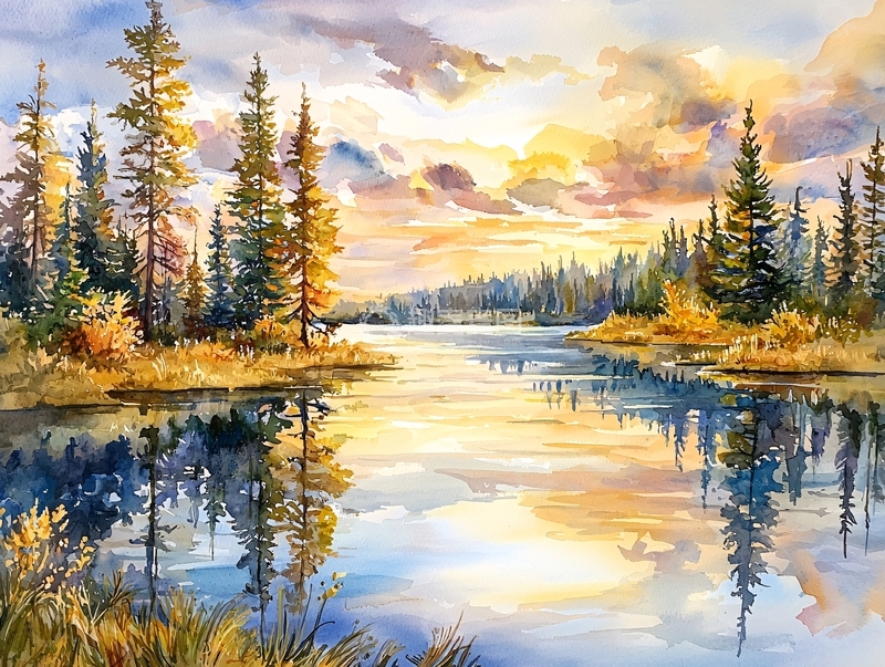 高清大图下载【趣麦麦图】湖边森林的油画风景