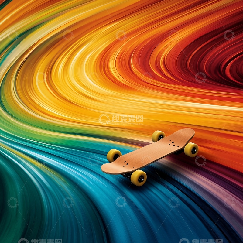 高清大图下载【趣麦麦图】滑板在彩虹色漩涡背景上