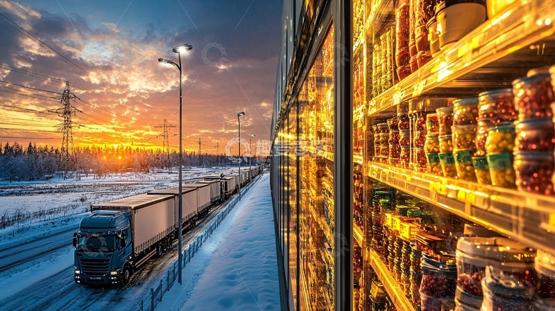 高清大图下载【趣麦麦图】货物运输卡车行驶在雪地公路