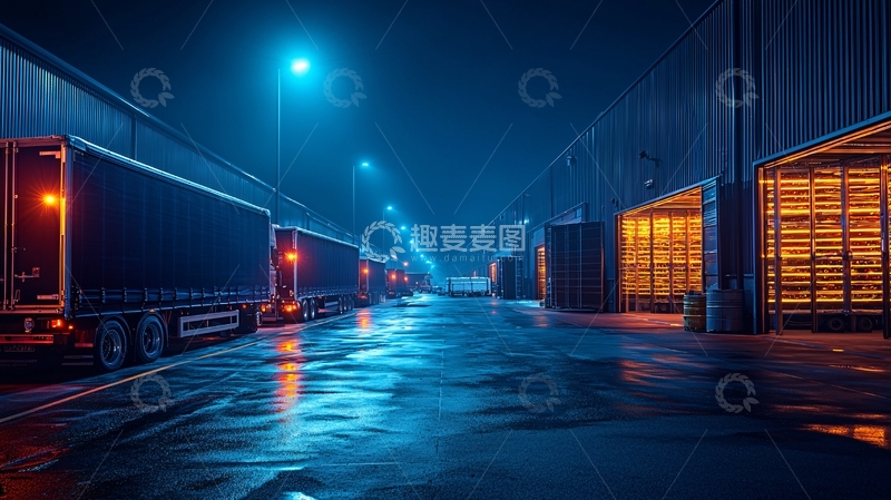 高清大图下载【趣麦麦图】夜晚卡车仓库物流中心