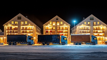 夜间卡车停靠在建筑前