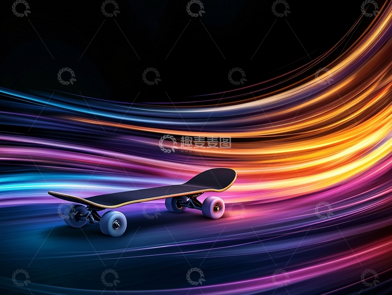 高清大图下载【趣麦麦图】滑板与彩色光轨的酷炫运动