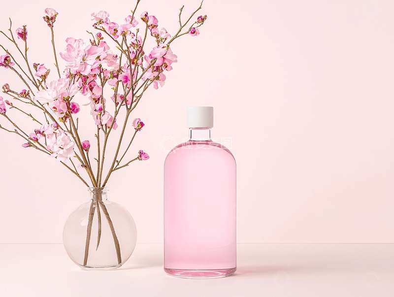 高清大图下载【趣麦麦图】粉色花朵旁的粉色液体瓶