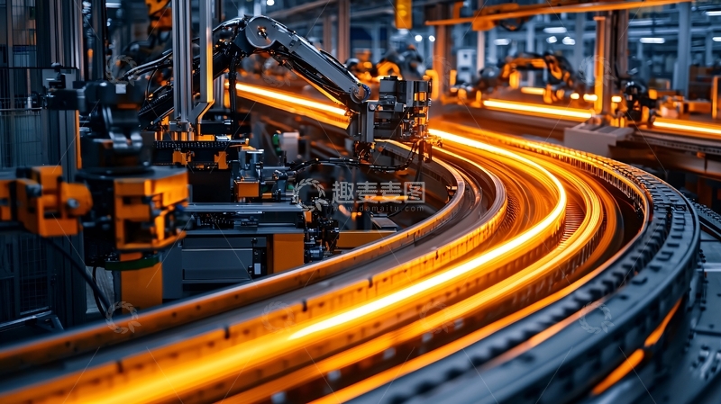 高清大图下载【趣麦麦图】炽热金属在工业生产线上流动