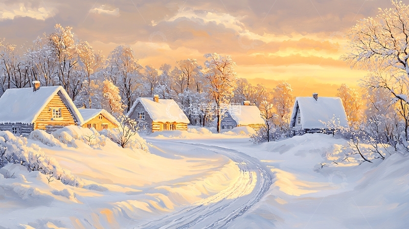高清大图下载【趣麦麦图】雪后乡村的日落美景