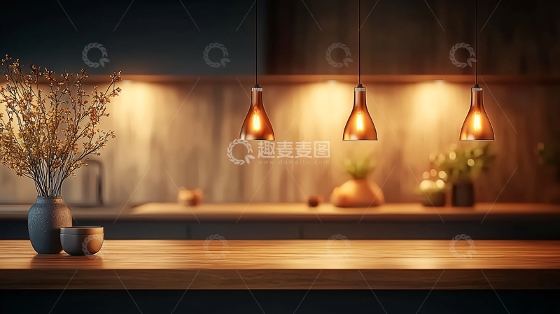 高清大图下载【趣麦麦图】温暖灯光下的厨房台面