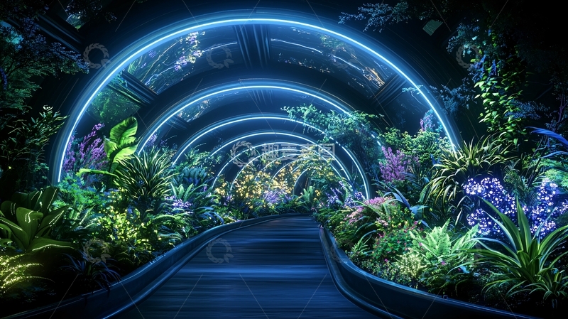 高清大图下载【趣麦麦图】夜色下的绿色植物拱廊