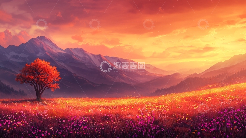 高清大图下载【趣麦麦图】绚丽日落下的孤独树