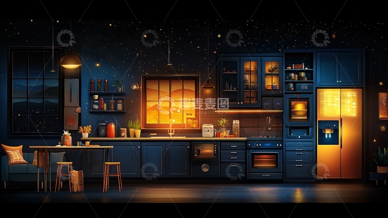 高清大图下载【趣麦麦图】昏暗灯光下的现代厨房