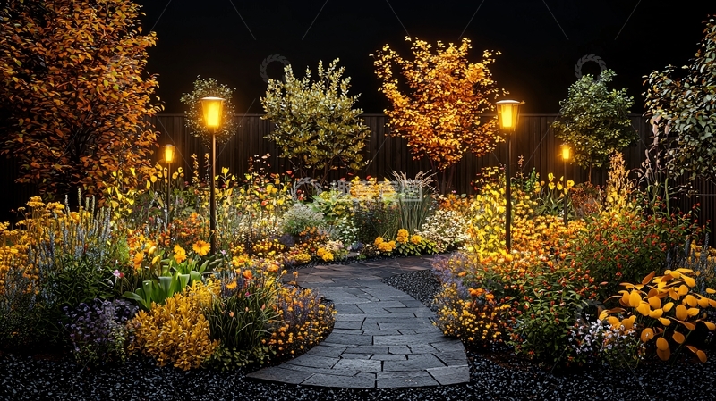 高清大图下载【趣麦麦图】夜晚花园小径灯光植物
