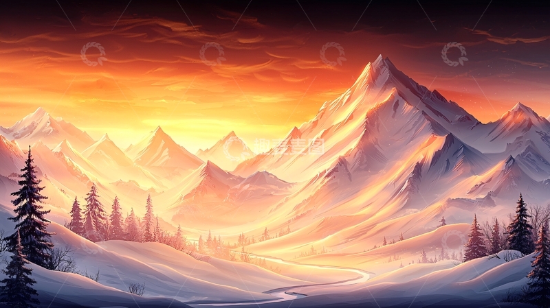 高清大图下载【趣麦麦图】雪山日落唯美场景