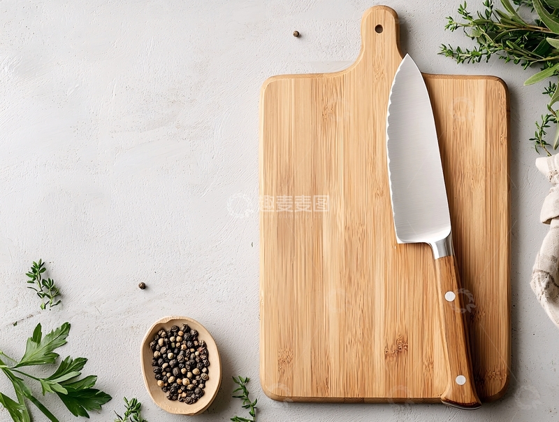 高清大图下载【趣麦麦图】木质砧板与银色厨刀