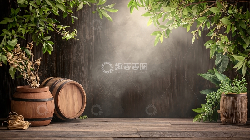 高清大图下载【趣麦麦图】复古木桶植物背景