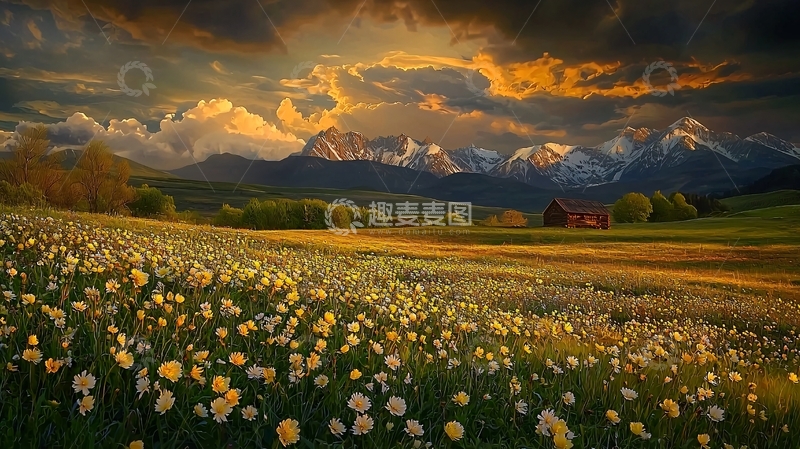 高清大图下载【趣麦麦图】日落下的田野和山脉