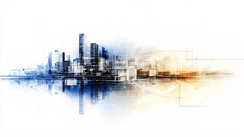 高清大图下载【趣麦麦图】城市天际线水彩风格抽象画