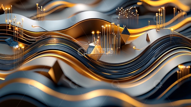 高清大图下载【趣麦麦图】金色蓝色流体金属波纹