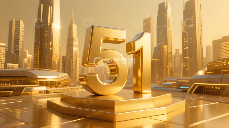 金色城市建筑中数字51雕塑劳动节庆祝插画