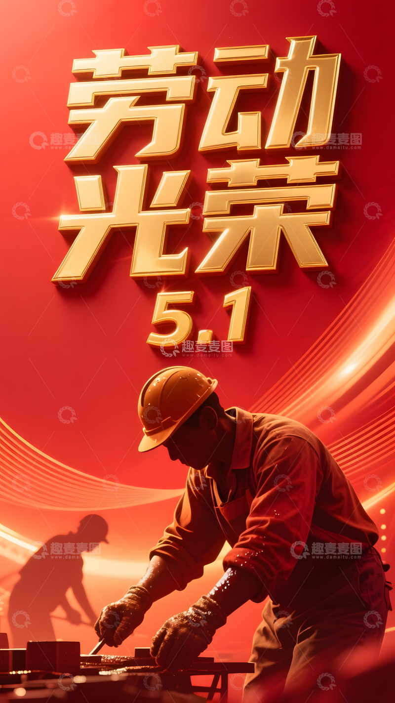 五一劳动节工人剪影形象红色背景宣传海报