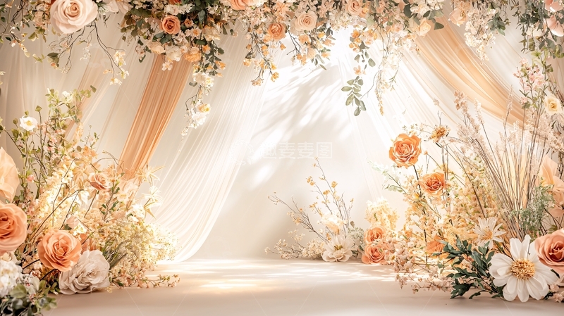 高清大图下载【趣麦麦图】奶油色花卉舞台背景