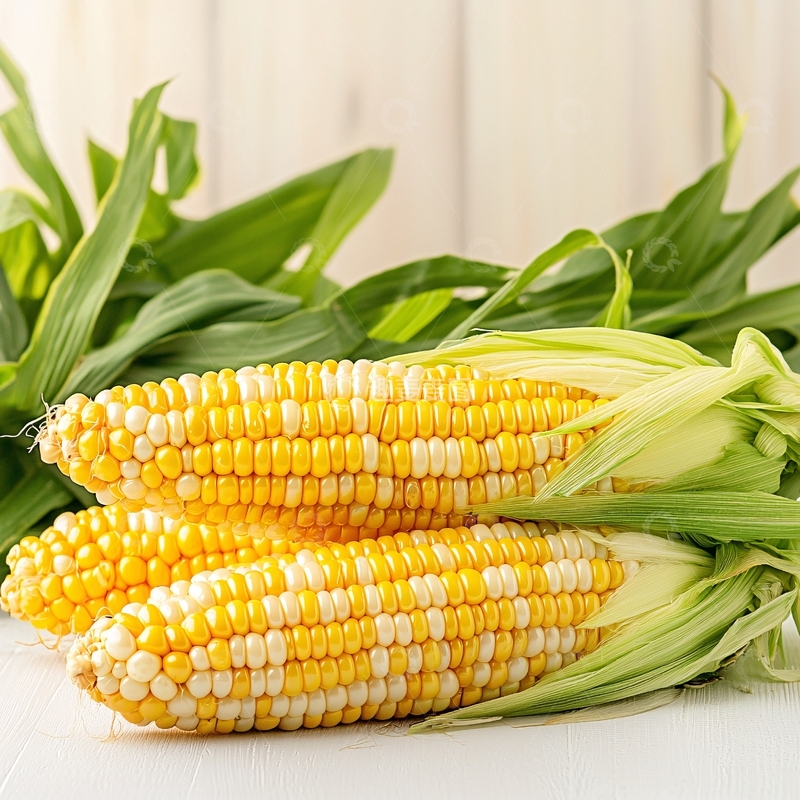 高清大图下载【趣麦麦图】金黄色玉米棒带绿叶