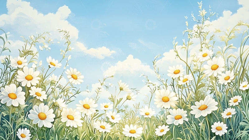 高清大图下载【趣麦麦图】雏菊花田在蓝天下